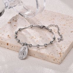 Stainless Steel Rosary Bracelet , Religious Cross Virgin Mary Prayer Bracelets