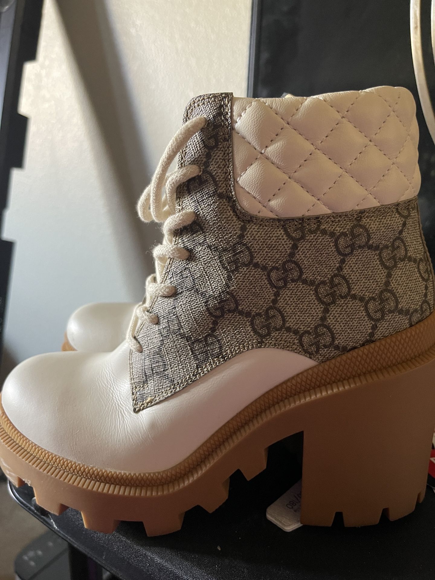 Gucci White Leather GG Canvas Ankle Boots
