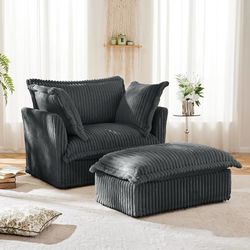 Modern Single Sofa Chair with Ottoman, 49" Slipcovered Armchair Oversized Upholstered Accent Chair, Comfy Cloud Deep Seat Sofa with 2 Throw