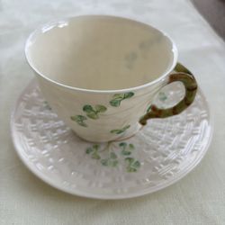 Irish Belleek Shamrock Cup Saucer & Toothpick Holder