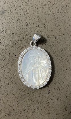 925 Sterling Silver Mother Of Pearl Marcasite Virgin Mary Pendant MX