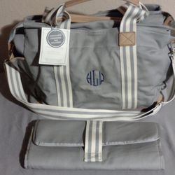Pottery Barn Classic Diaper Bag Leather Trim Gray/White NWT