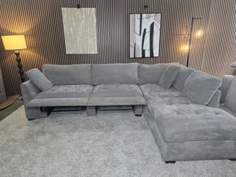 LIKE NEW - 2 Piece Thomasville Miles Gray Fabric Sectional with Power Footrest