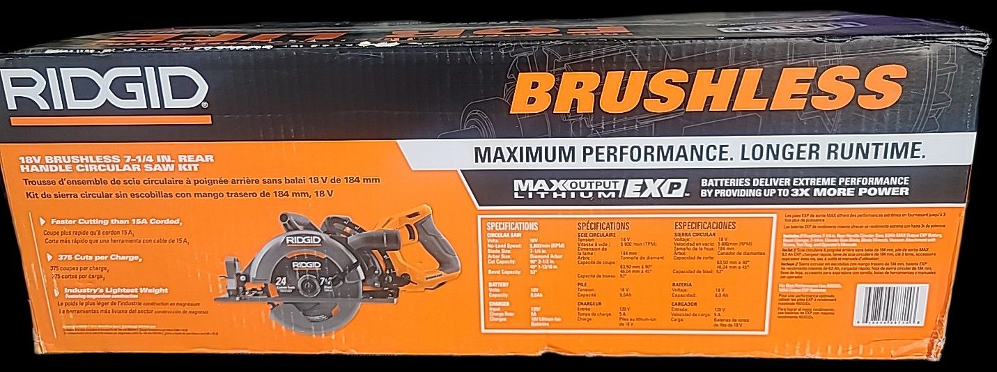 RIDGID 18V Brushless Rear Handle Circular Saw Kit 7-1/4" Cordless R8658K 8 Ah