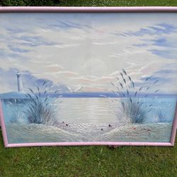 Nice Large Painting Framed Signed R. Jacobs Landscape Beach Lighthouse Sunset Birds Clouds