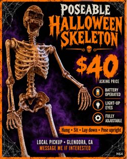 Poseable Halloween Skeleton with Light-Up Eyes – $40