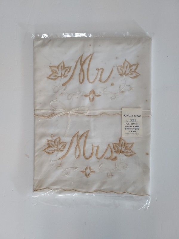 Vintage Mr & Mrs Pillow Cases With Gold Embroidery - All Cotton - Sealed