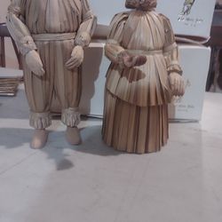 Man & Woman Corn Husk Carved Wood Art Doll Figurines 16" 

