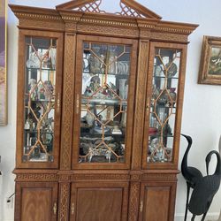 Gorgeous Wood Thomasville Breakfront.  Greek Key Chippendale Style China Cabinet W/ Glass Shelves, Lights & Mirrors.  Ethan Allen Also 4 Sale!