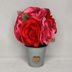 Red and Pink Fabric Roses In Faux Metal Tin Bucket Topiary 