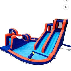 New in box Inflatable Water Slide with Air Blower, Three Water Slides, 2 Climbing Walls, Tunnel, Obstacle Bar, Outdoor Backyard, 13.8 ft x 13.5 ft, wa
