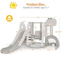 6-in-1 White Toddler Slide and Swing Set Climber Playset w/Ball Games