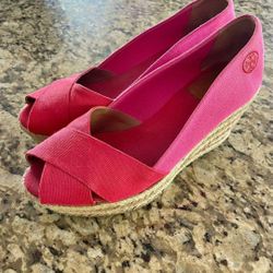 Tory Burch Pink Red Espadrilles Wedge Heels Size 8.5