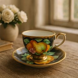 Shafford Japan 1950s Hand Painted Black & Gold Fruits Teacup & Saucer Set
