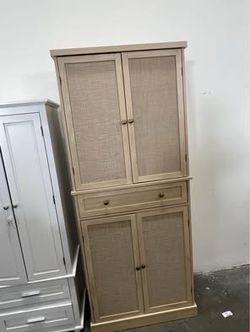 Assembled new 72" Rattan Kitchen Pantry Cabinet Modern Freestand Wicker Cupboard Tall Wooden Storage