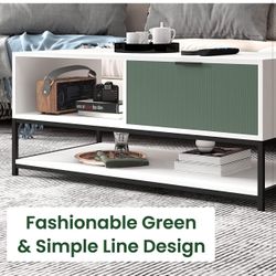 Lilola Home Watson White and Green Wood Coffee Table Steel Frame with Shelves and Drawer
