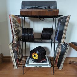 Vintage Black Metal Record Player Storage, Stand & Display