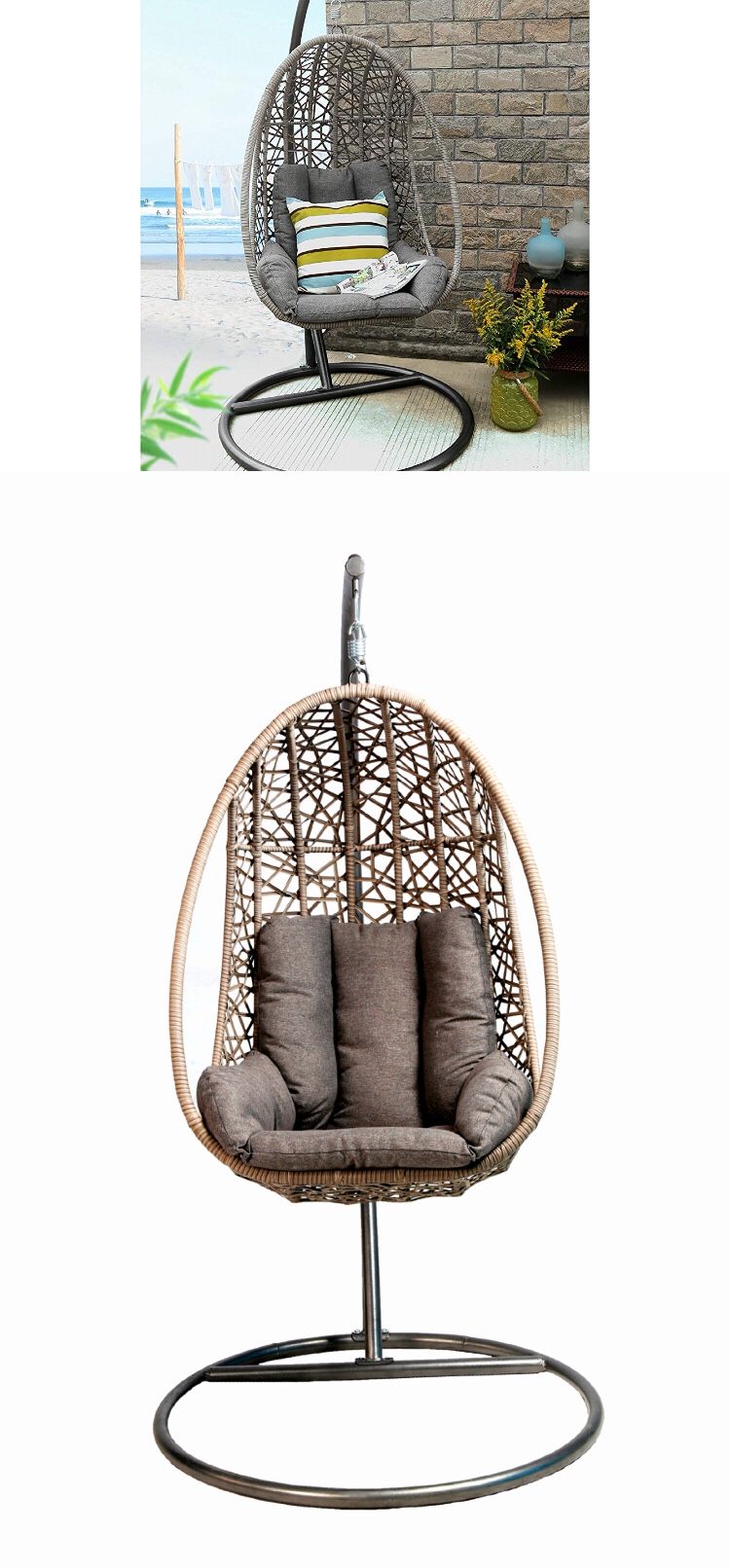Azure Sky X25 Oval Egg Hanging Patio Lounge Chair Chaise Porch Swing Hammock Single Seat Stand Wicker with Cushion, Full, Black