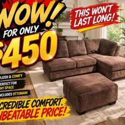 Brown Sectional Couch w/ Chaise + Ottoman – Modern Suede Sofa – Local Pickup