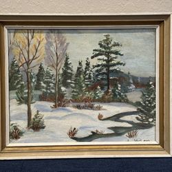 Incredible Midcentury Winter River Forest Landscape Oil Painting by L. Neilson