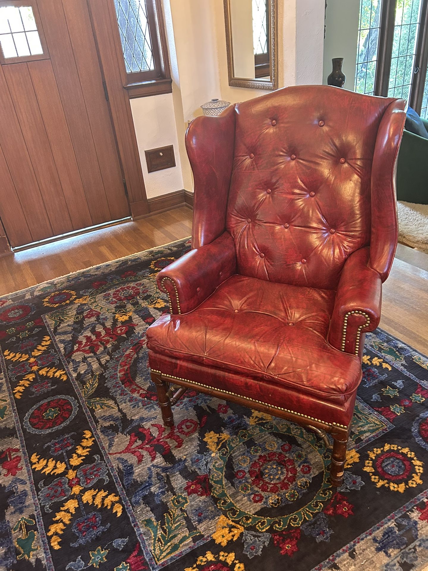 Super Cool Vintage Red Leather Chair Brass Bamboo