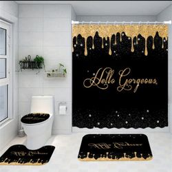 1/4pcs Golden Glitter Pattern Shower Curtain Set, Decorative Bathroom Set, Water-resistant Curtain Including Hooks, Bathroom Rug, U-Shape Mat, Toilet 