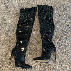 Black Patent Leather Thigh High Boots 7.5