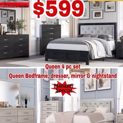 QUEEN BEDFRAME, NIGHTSTAND, MIRROR, DRESSER $599.99 (limited Time )