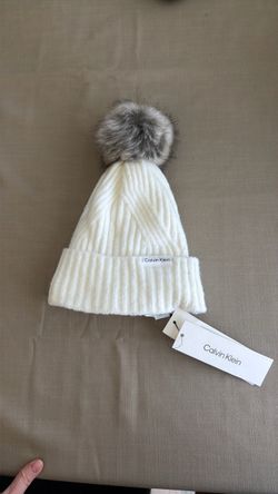 Calvin Klein White Knit Beanie with Pom-Pom