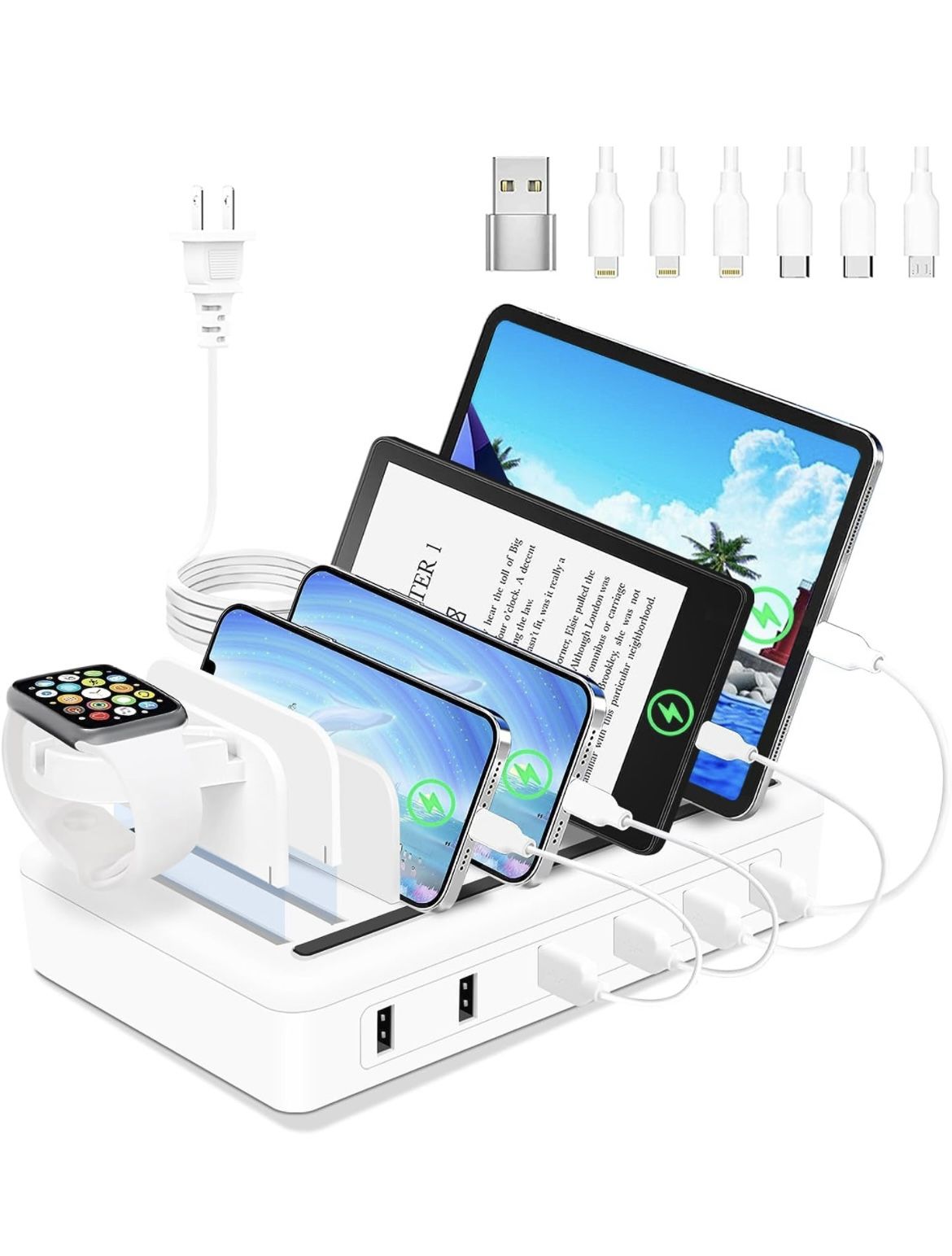 50W 6-Ports USB Charging Station with10-Slot, Sturdy Dividers, Watch Holder, Compatible with Phone/iPad/Kindle/Tablet (6 Short Cables Included)