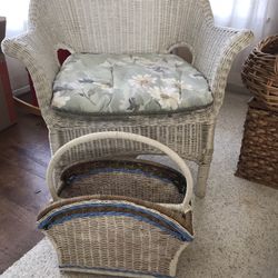 Wicker Magazine Rack / Holder / Storage - White With Olive & Blue Accent Weave