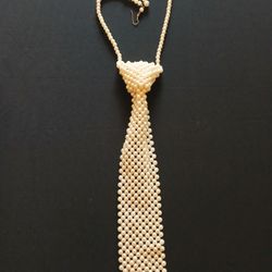 Faux Pearl Beaded Necktie adjustable Necklace Vintage Retro Gold tone Clasp 
