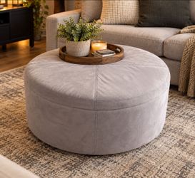 Large Round Gray Upholstered Ottoman – Coffee Table / Footrest