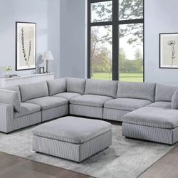 Brand New Light Grey Corduroy Plush Modular Sectional Sofa w Ottoman 