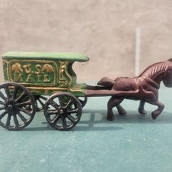 VINTAGE Cast Iron horse pulling USA Mail cart wagon buggy