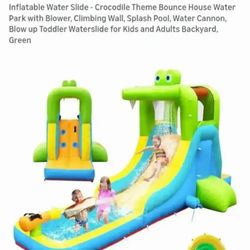 NEW-Inflatable Water Slide - Crocodile Theme Bounce House Water Park with Blower, Climbing Wall, Splash Pool, Water Cannon, Blow up Toddler Waterslide