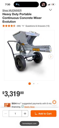 Never used MUD MIXER Heavy Duty Portable Continuous Concrete Mixer