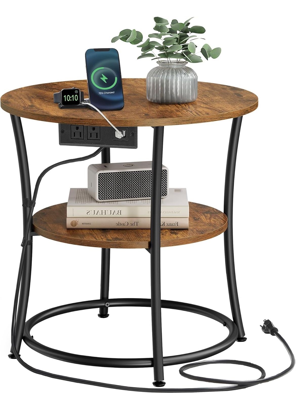 VASAGLE 2-Tier Round End Table with Power Outlets Nightstand with Steel Frame - Rustic Brown