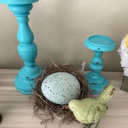 Pair Turquoise Candle Holders Wooden 