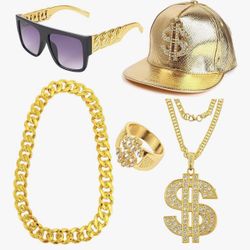 80s 90s Hip Hop Costumes Outfit for Men Golden Chain Money Chain Dollar Sign Baseball Cap Punk Sunglasses Rapper Accessories