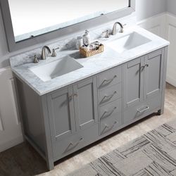 60”grey double sink bathroom vanity with carrara white marble stone top