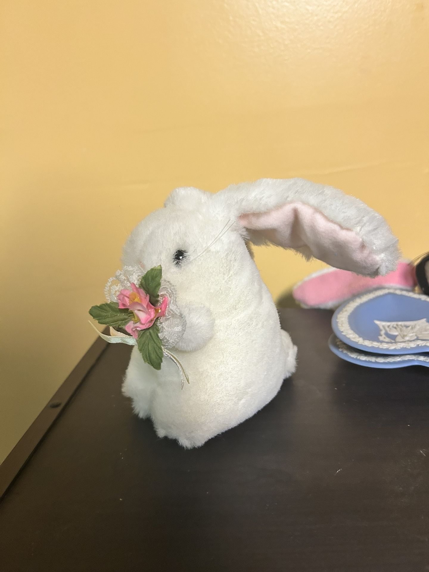 Adorable Plush White Bunny Rabbit Holding Flower Bouquet