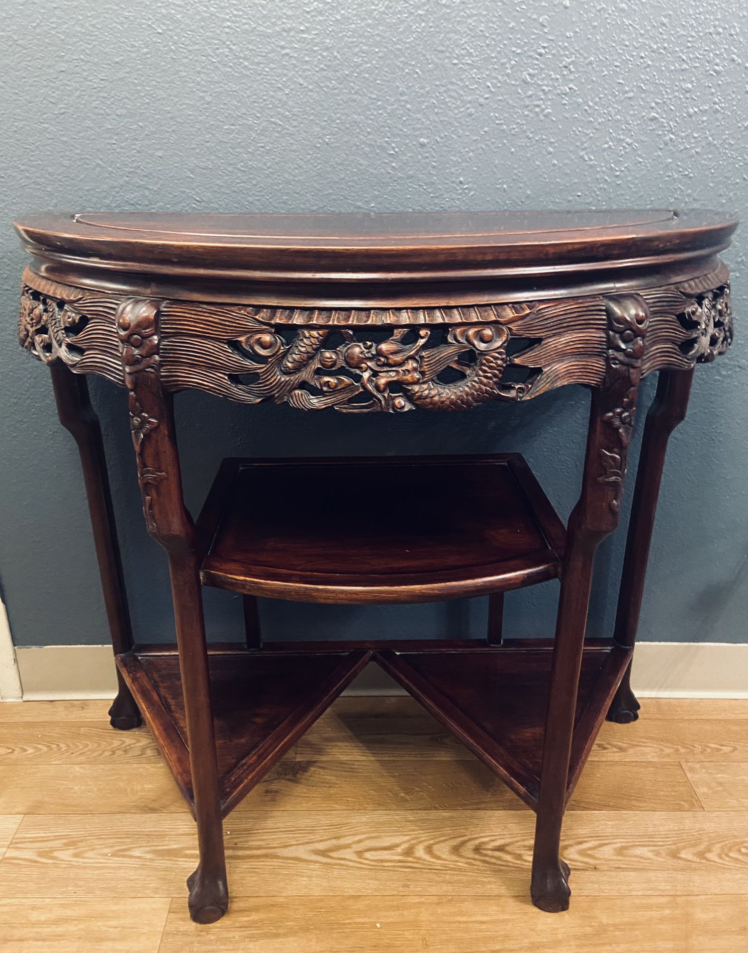 Vintage Oriental Chinese Carved Hardwood Demilune Console Table
