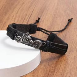🏍️ New! Handmade Black PU Leather Vintage Motorcycle Leather Woven Bracelet