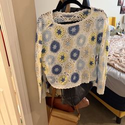 Cropped Crotchet Long Sleeve Sweater Top- Anthropologie