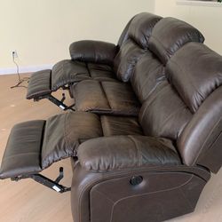Dining room table with 6 chairs and leather recliner sofa