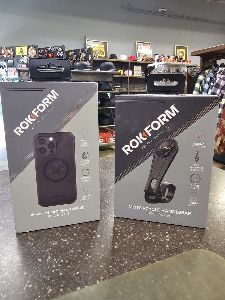 Rok Form  Motorcycle Handlebar Phone Mount And IPhone 14 Pro Max Rugged Case