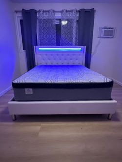 Queen Size bed frame with led lights mattress including.       Cama Queen size con Luz led  Colchon incluido