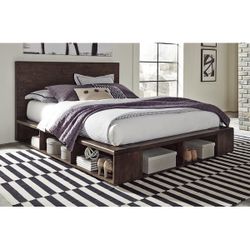 Dark Wood Platform Bed with Storage Shelves
