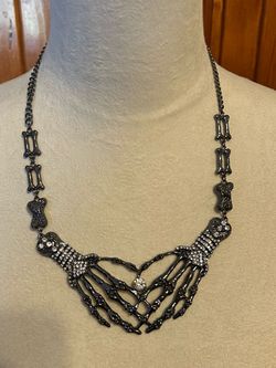 Skeleton Hand Heart Rhinestone Statement Necklace